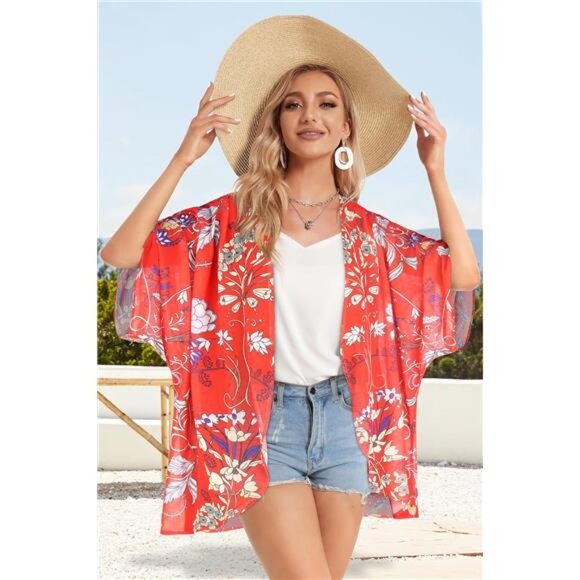 Women's Floral Print Puff Sleeve Kimono Cardigan Loose CoverUp Casual BlouseTops - Picture 3 of 7